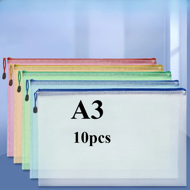 10pcs A3 Mixed Color, Student Supplies, Plastic, Folder Bag, Zip Folder, Mesh Zip Bag, Suitable For School Office Supplies