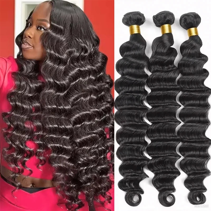 12A Natural Color Loose Deep Wave Human Hair Bundles And Weaves Unprocessed Brazilian Human Hair Weave Bundles 1/3/4PCS Raw Hair Bundles Weave Extensions Hair Extensions Materials For Women Natural Black Soft Silky Hair Loose