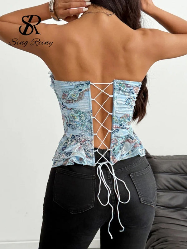 SINGREINY Holiday Paisley Print Corset Top Women Strapless Lace Up Slim Backless Camsiole 2026 Floral Blue Mesh Luxury Short Top