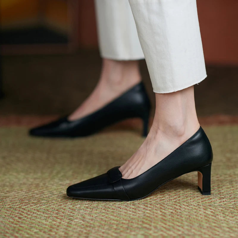 Arden Furtado Women's Spring Sheepskin Pointed Toe Pull-On Chunky Heels Pumps Large Size Comfortable Commute Footwear
