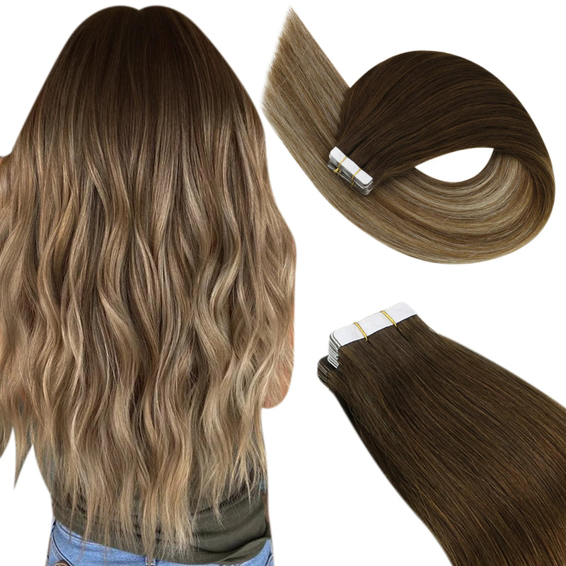Ugeat Tape in Hair Extensions Human Hair Real Natural Brazilian Remy Hair Straight Seamless Skin Weft For Women Balayage 20P/40P
