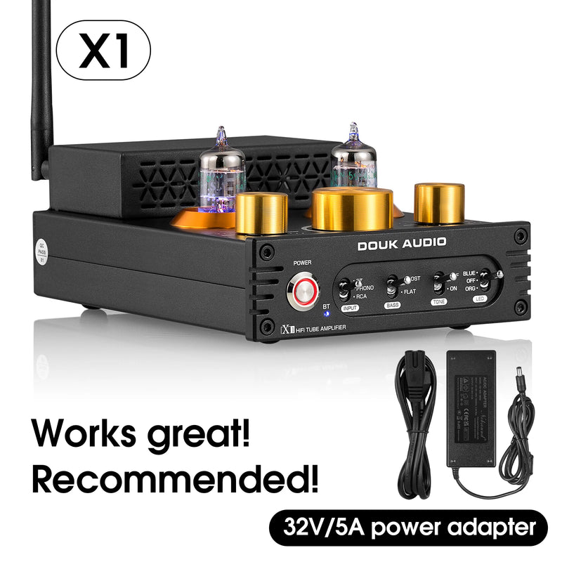 Douk Audio X1 HiFi JAN5725 Vacuum Tube Amplifier Bluetooth5.0 Receiver MM Phono Amp for Home Turntables Power Amp APTX-HD 160W*2