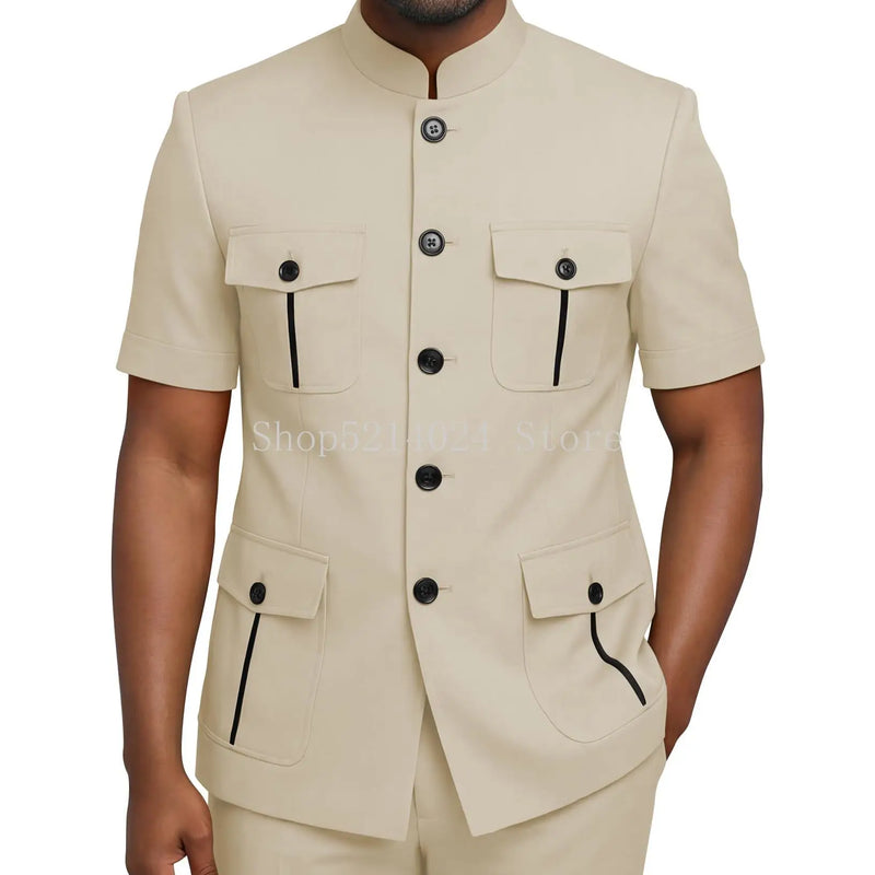 Mens Safari Suit 2 Piece Short Sleeve Suits for Men Regular Fit Stand Collar Suit African Clothes