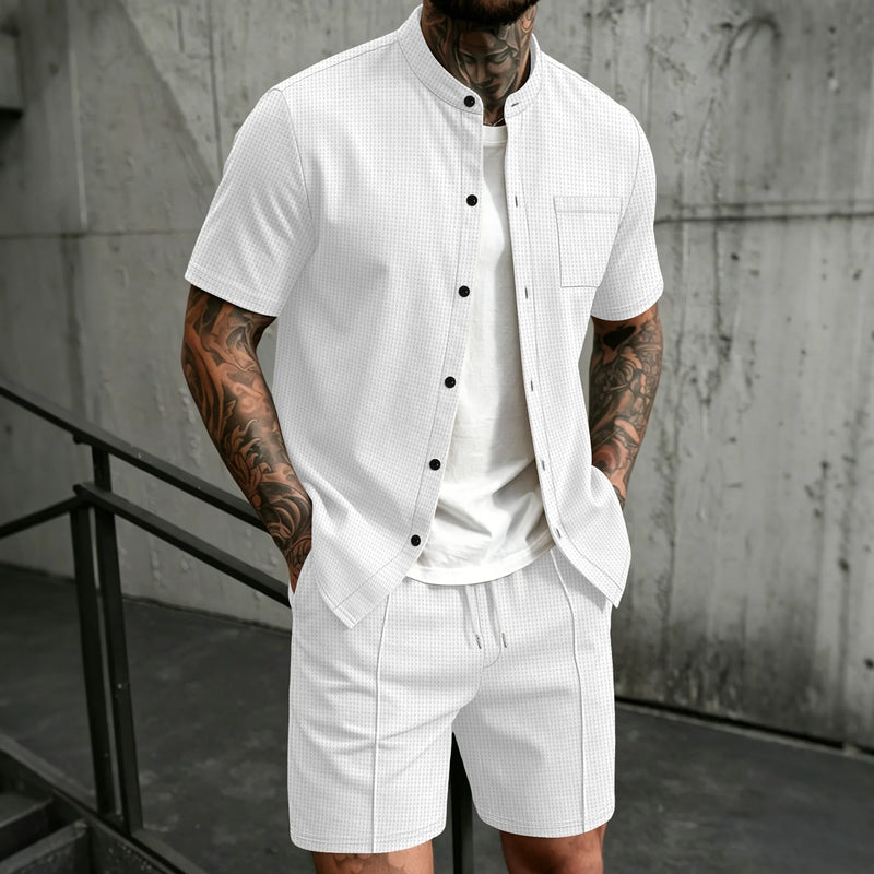 Men's New Summer Style Waffle Plain-Color Crew-Neck | SAMAG