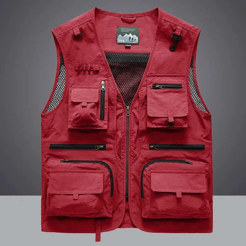 2025 New Men's Vest Tactical Webbed Gear Coat Summer Photographer Waistcoat Tool Many Pocket Mesh Work Sleeveless Jacket Male