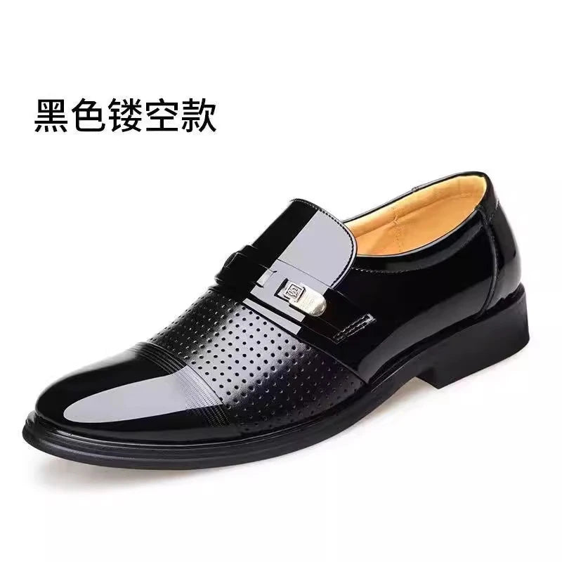 Mens Formal Two Tone Patent Leather Loafers Pointed Toe Slip On Shoes With Metal Buckle Low Heel Comfortable Non Slip Breathable