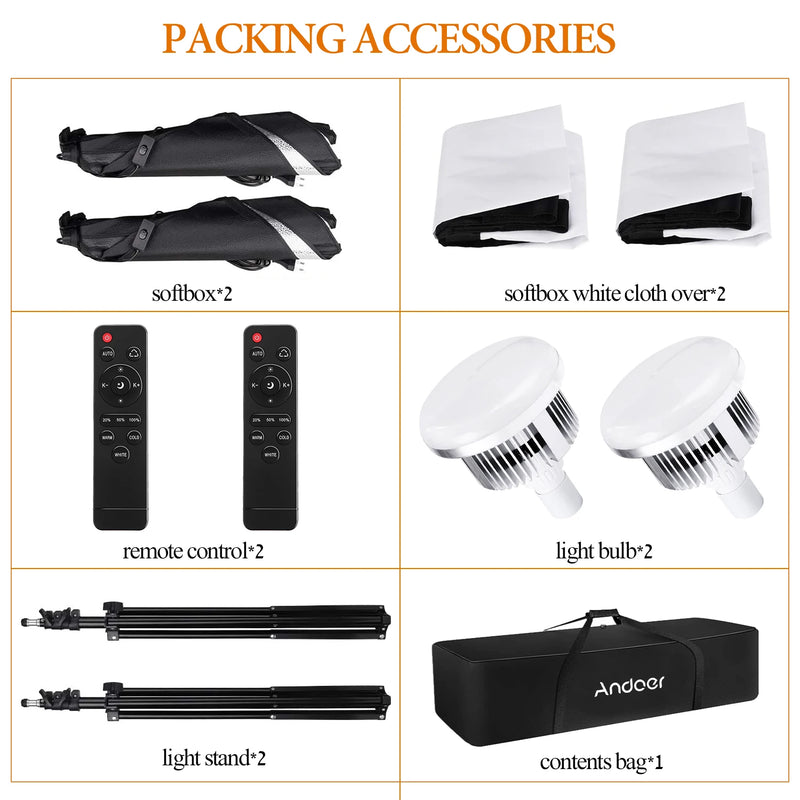 Andoer Studio Photography Light kit Softbox Lighting Set with 85W 2800K-5700K LED Light/ 50x70cm Softbox/ 2m Stand for Video