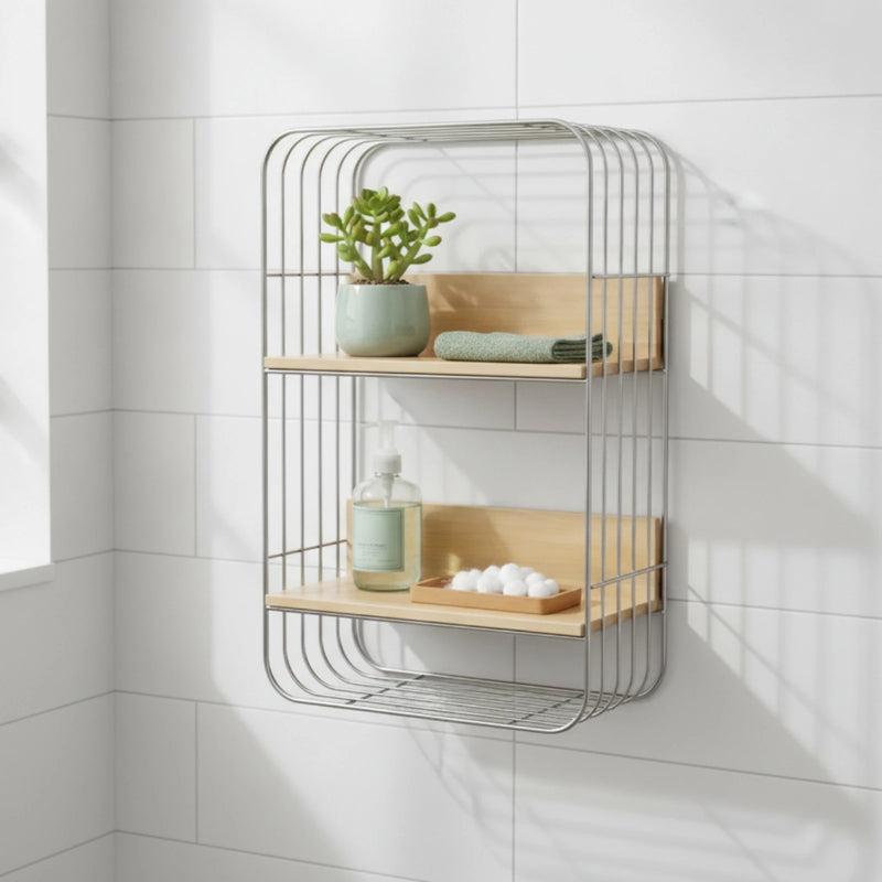 Wall - Mounted Storage Rack Two - Tier Shelf with Wooden Boards Open Stainless Steel Furniture Metal Frame - View 5 | SAMAG