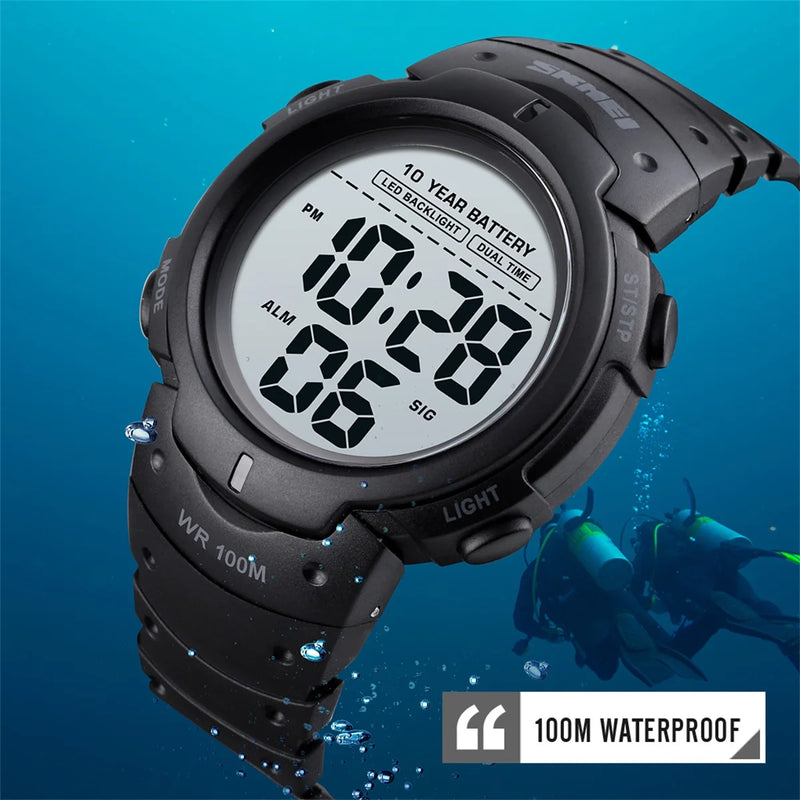 Outdoor Digital Sport Watches Mens Sport Watch 100M Waterproof Led Light Display 10 Year Battery Life Alarm Date Clock