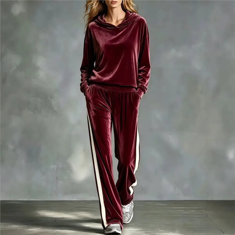 AAutumn New Women's Hooded Sweatshirt Trousers 2-piece Casual Loose Velvet Sports Fashion Patchwork Female Trousers Suit 2026