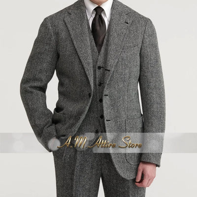 Grey Exquisite Men Suit Herringbone Peak Lapel Jacket | SAMAG