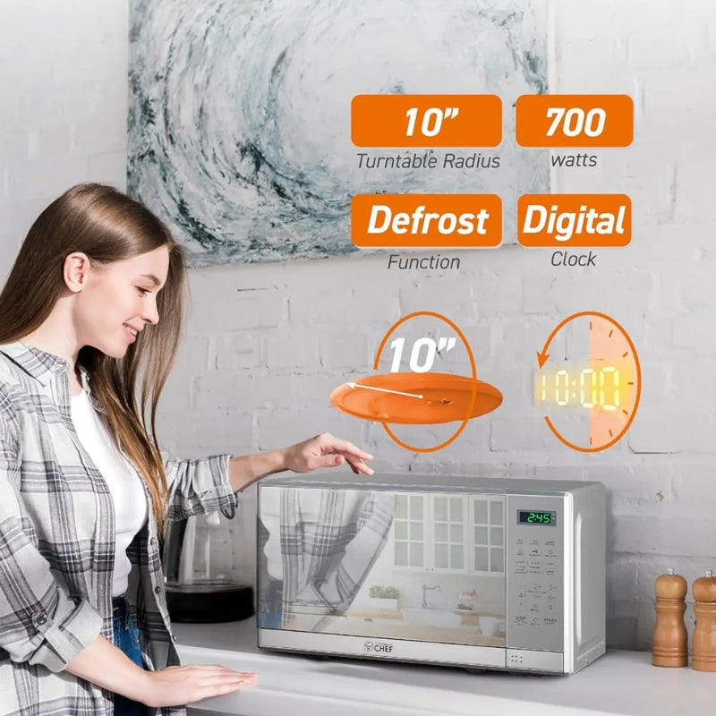 0.7 Cu Ft Countertop Microwave Oven, 700W with Digital LED Touch Controls, 10 Power Levels, Push Button Door, Stainless Steel
