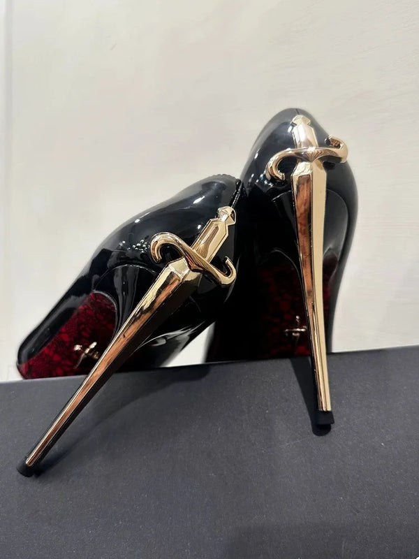 Red Bottom Metal Wand Sexy Sword Pointed Toe Thin Heel Evening Single High Heel Printed Bottom Comfortable Wear Ultra High Heels