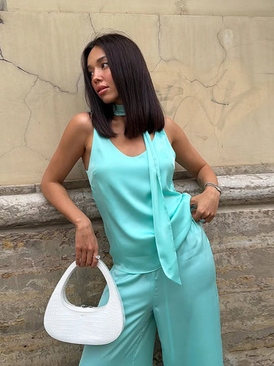 Casual Satin Pants Sets Women V Neck Sleeveless Scarf | SAMAG