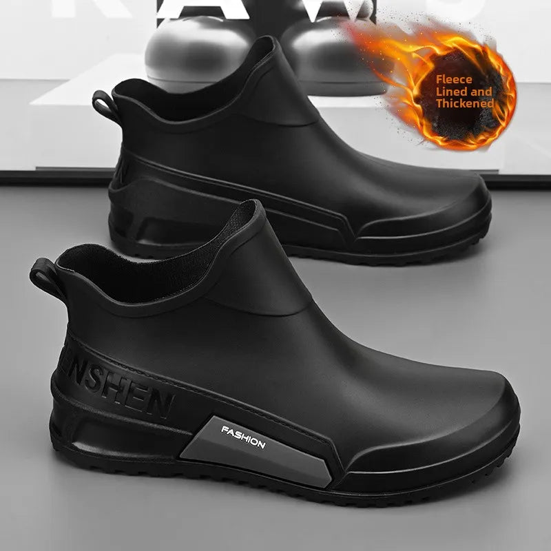 Men's Winter Fleece Lined Short Rain Boots Waterproof Non Slip Work Kitchen Safety Black Rubber Boots Thickened Shoe Bottom