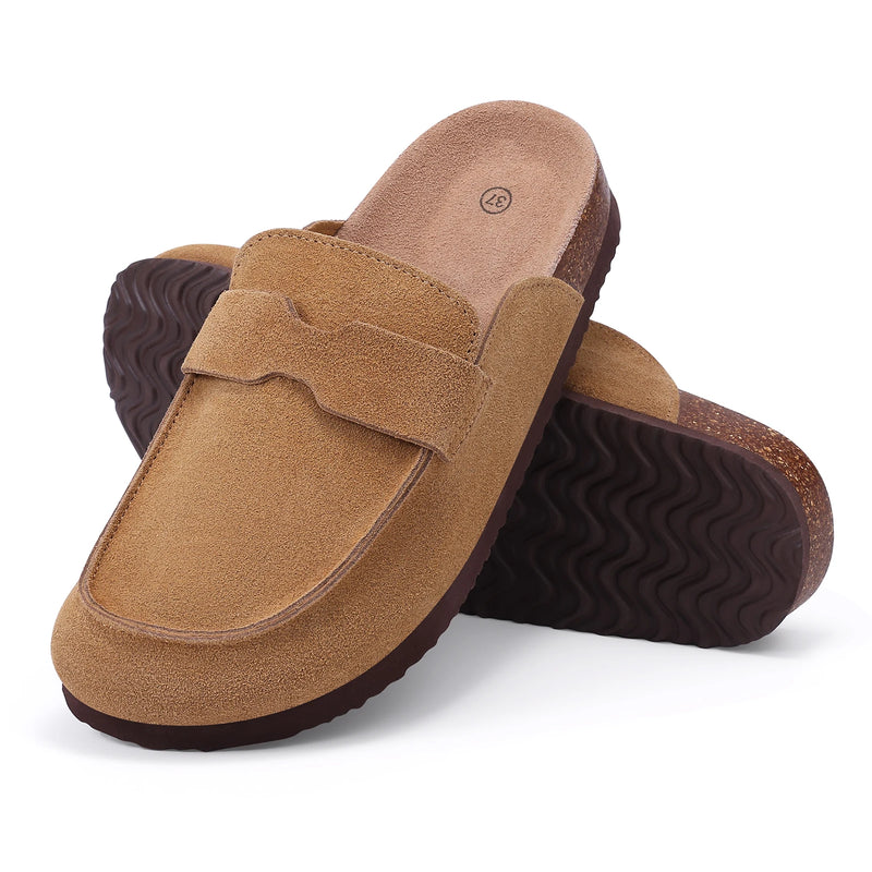 Litfun Women's Cow Suede Clogs Mens Genuine Mules Comfortable Cork Footbed Clogs Slippers Fashion Potato Shoes with Arch Support