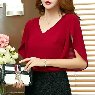 Women Chiffon Short Sleeve Shirt Sexy V-neck Loose | SAMAG