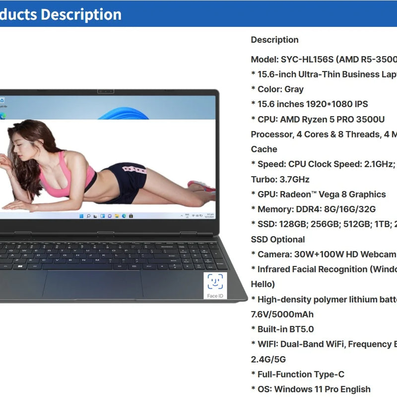 Amd Ryzen 5 Pro 3500U Processor 15.6inch 1920*1080 IPS 16G/32G 1TB SSDEnglish Full-Size High-End Business Keyboard Laptop