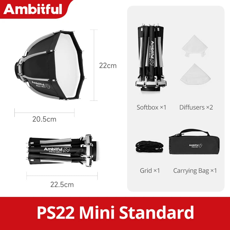 AMBITFUL PS22 PS30 Softbox Mini Bowens Mount COB Light Octagon Softbox Mini Bowens Mount Matt Box