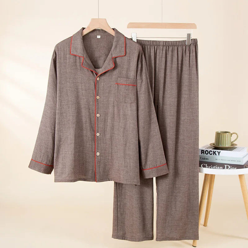 Sleepwear Summer Male Pajamas Set Man Pure Cotton Men's Pajama Set Long Sleeves Long Pants Home Wear Outside 2pcs Lounge