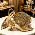 2026 Italian Peach Gold Rhinestone HAND CRAFTED UPPER Pointed Toe Women High Heels Shoes and Bag Set Elegant Party Shoes
