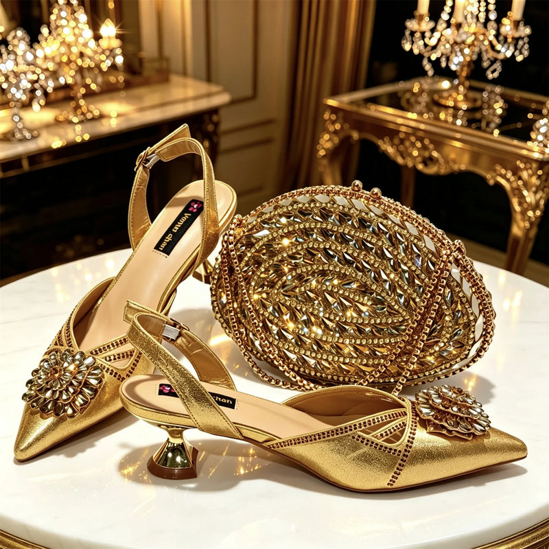 2026 Italian Peach Gold Rhinestone HAND CRAFTED UPPER Pointed Toe Women High Heels Shoes and Bag Set Elegant Party Shoes