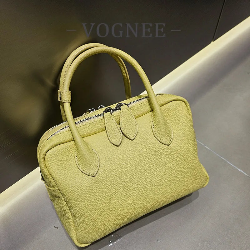 Genuine Leather Women's Boston Bag, New Niche Design Double Zipper Simple Wide Shoulder Strap Fashion Portable Shoulder Bag