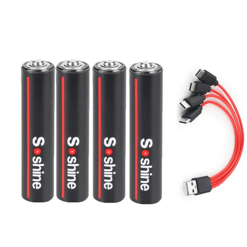 Soshine 600mWh Rechargeable Battery AAA 1.5V USB Lithium Batteries USB Li-ion Aaa Battery with 4-in-1 USB Cable 1200 Times Cycle