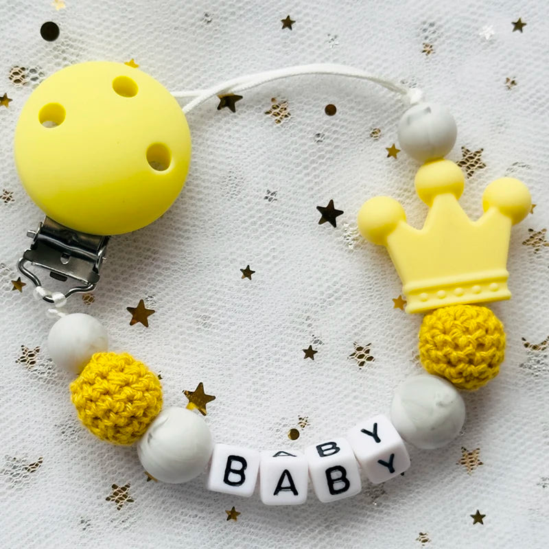 Free Custom Personalized Name Pacifier Clips Handmade Beech Wood Chain Silicone Crown Holder Soother Baby Teething Toy Chew Gift
