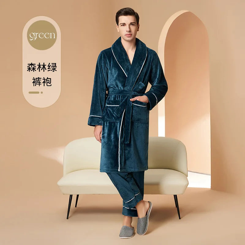 Flannel Couple Robe And Pant Set Warm Autumn Winter Thick Coral Fleece Pajamas Women's Bathrobe Men's Sleepwear Loose Home Cloth