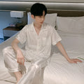 White Striped Men Pajamas Suit Short Sleeved Long Pants Thin Ice Silk Sleepwear Summer Satin Silk Home Clothing Set Pyjamas Male