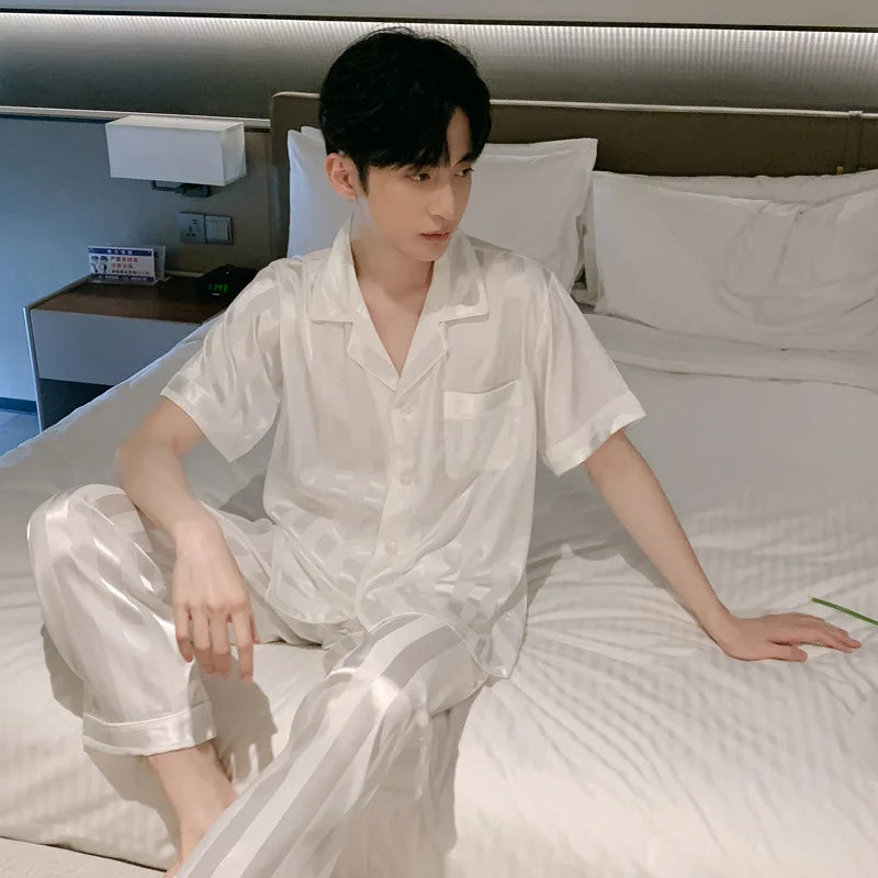 White Striped Men Pajamas Suit Short Sleeved Long Pants Thin Ice Silk Sleepwear Summer Satin Silk Home Clothing Set Pyjamas Male