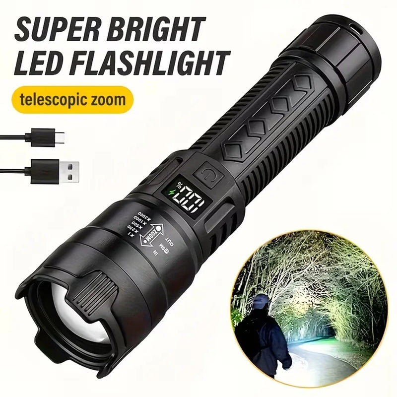 2000LM Ultra Bright P50 LED Flashlight Tactical EDC Torch Telescopic Zoom Type-C Rechargeable Emergency Spotlight for Camping