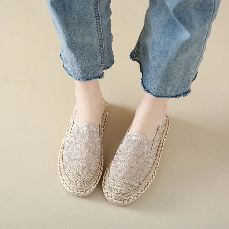 2025 Designer Shoes Braided Lace Patchwork Comfortable Flats Slip-on Shoes For Woman Casual Loafers Round Toe Zapatos De Mujer