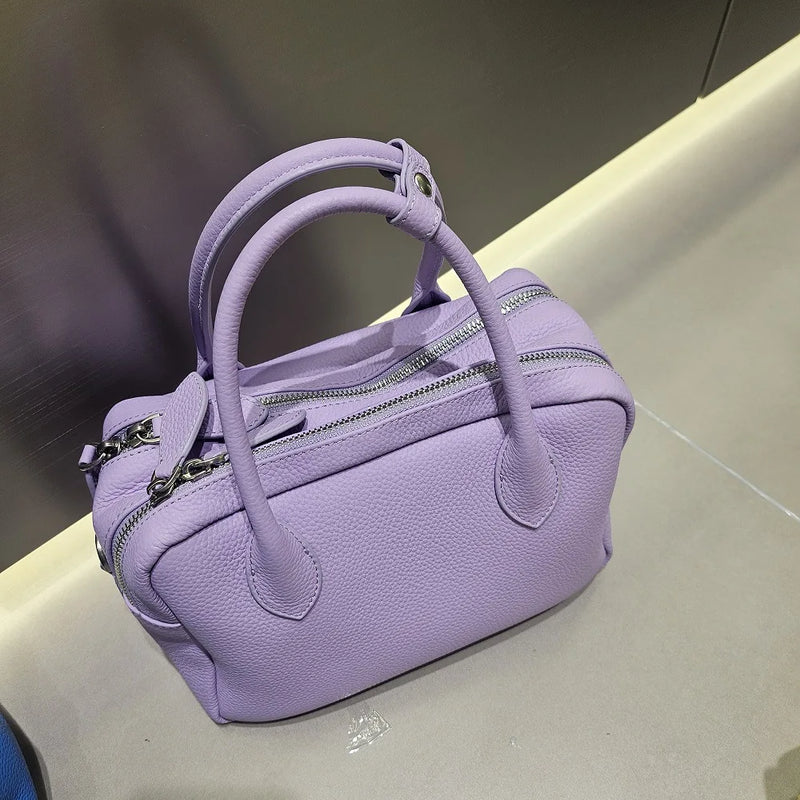 Genuine Leather Women's Boston Bag, New Niche Design Double Zipper Simple Wide Shoulder Strap Fashion Portable Shoulder Bag
