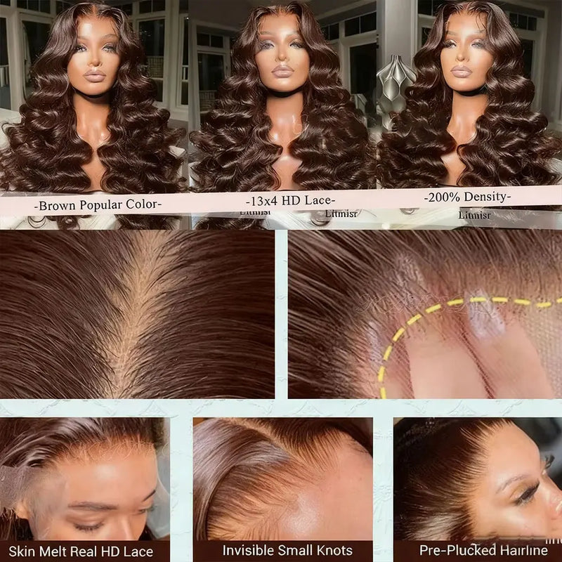 Deep Wave Chocolate Brown 13x4 Transparent Lace Frontal Wigs Human Hair 34 Inch  250% Density Loose Deep Curly Brown Colored Wig