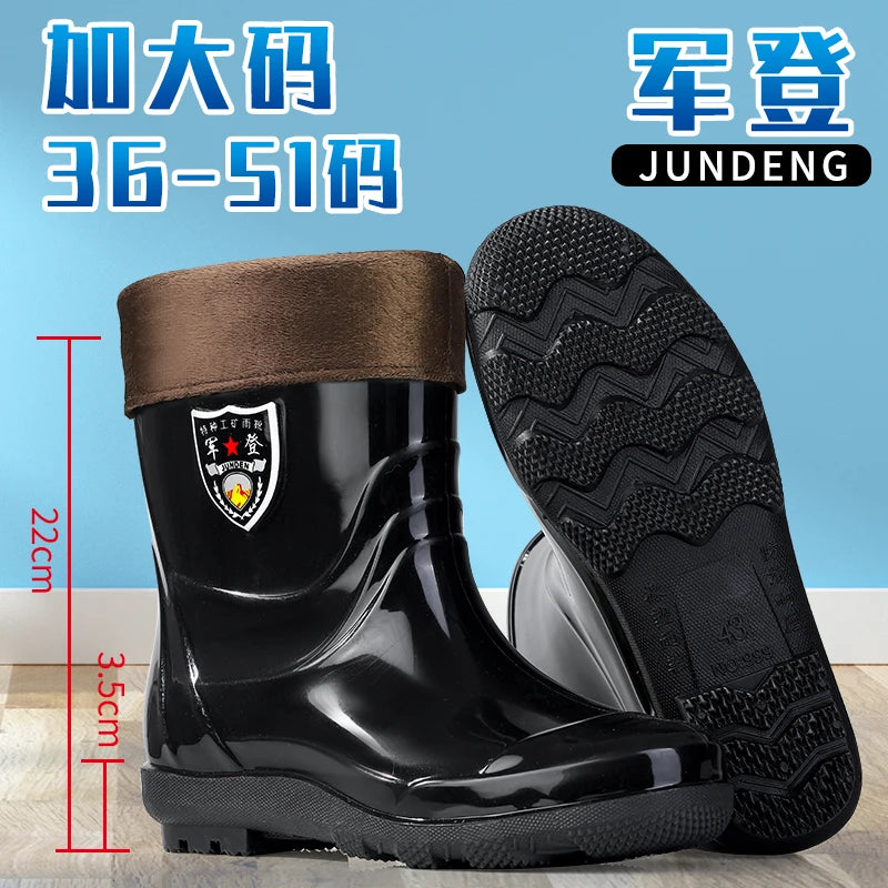 Large Size Men's Rain Boots High Tub Waterproof Anti-slip Work Site Rubber Shoes Fleece Lined Durable Plastic Outsole