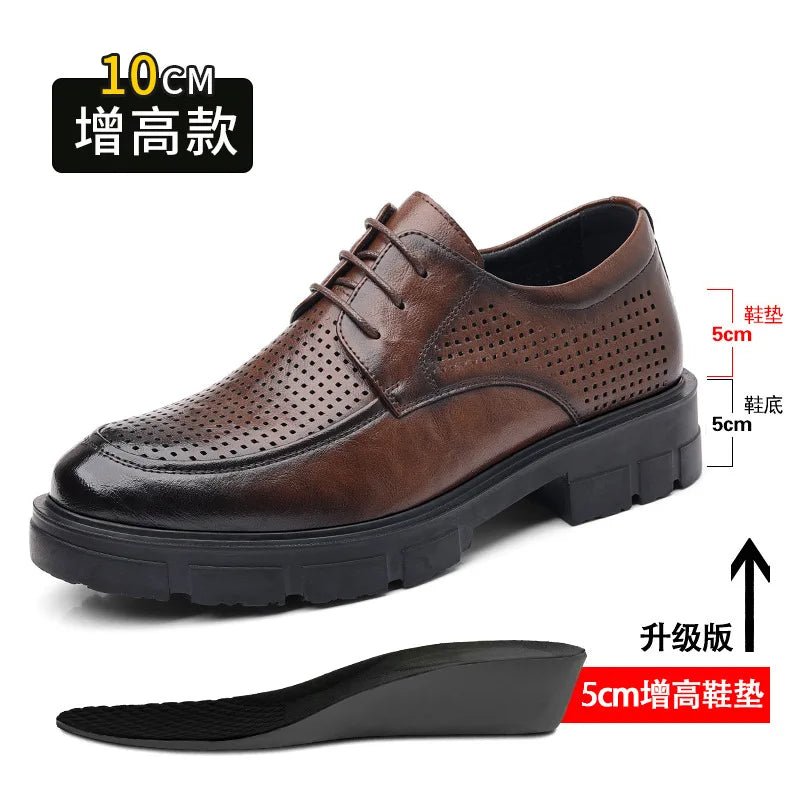 Men's Business High Heeled Leather Shoes Casual Thick Sole 10cm Height Increasing Hand Painted Pattern Trendy Formal Dress Shoes