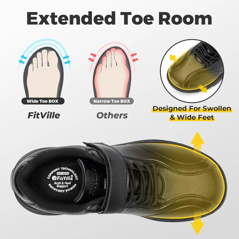 FitVille Men Wide Walking Shoes Casual Comfortable Oxford Shoe Lightweight Arch Support Non-Slip Leather Business Sneakers