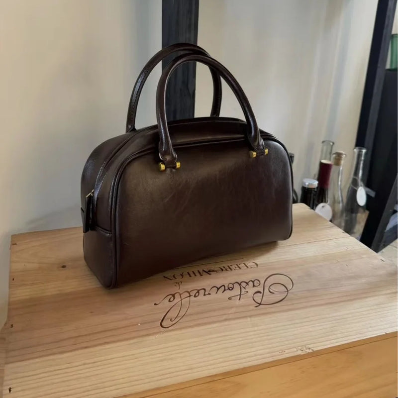 2025 Boston bag women genuine leather handbag new trendy  maillard niche design large-capacity commuter retro bowling tote bag