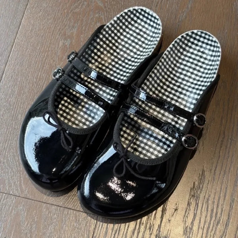 Women's Patent Leather Mary Jane Mules Buckle Bow Decor Slip on Flat Shoes Plaid Lining Casual Half Slippers Fashion Footwear