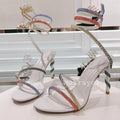 Glitter Crystal Decor High Thin Heels Sandals Women Shiny Snake Shaped Elastic Strap Design Sandalias Summer Party Dress Shoes