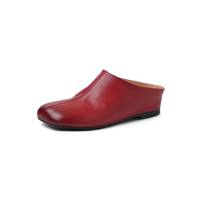 New Genuine Leather Cowhide Women Mules, Square Toe Slip-on Women Slippers,Fashion Flats Women Shoes