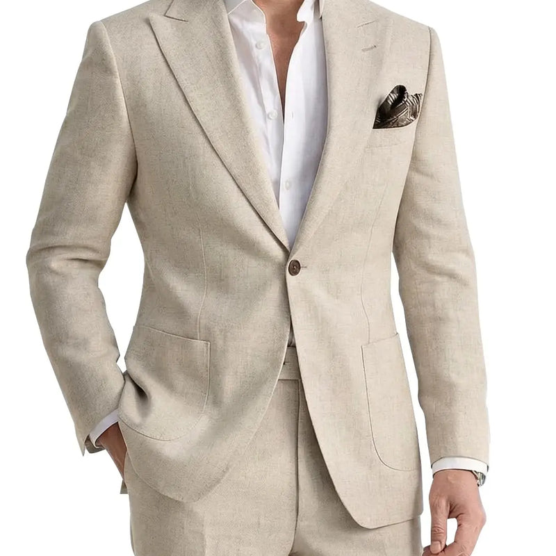 Men's 2 Pieces Linen Suits Casual Lightweight Summer Beach Groom Wedding Suit Linen Blazer Pants Set
