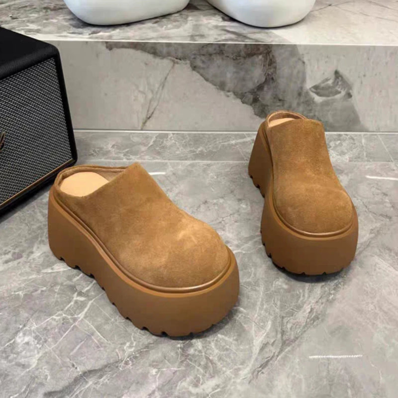 Women's Suede Platform Mules Round Toe Thick Chunky Sole Cotton Lined Warm Clogs Backless Slides Casual Height Increasing Shoes