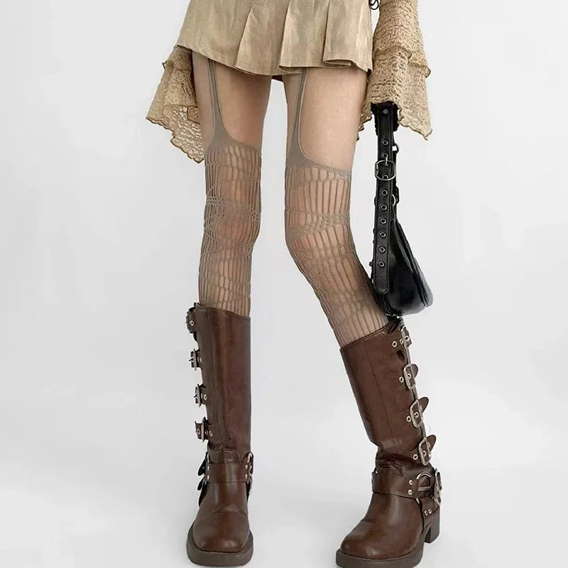 Women Sexy Lace Fishnet Stockings Hollow Out Solid Pantyhose Irregular Exposed Skin Tights Slim Suspender Pantyhose