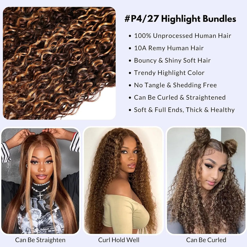 Highlight Water Wave Bundles P4/27 Honey Blonde Water Wave Human Hair Bundles 1/ 3 / 4 Bundles 30 Inch Deep Curly Wet and Wavy