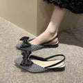 Women French Polka Dot Plaid Bow Slingback Sandals, Pointed Toe Thin Strap Flat Pumps, Vintage Daily Wear Mules