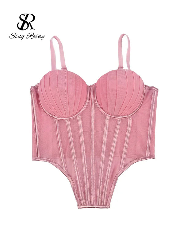 SINGREINY Fashion Solid Corset Lingerie Top Ladies Strap Sheer Mesh Slim Camisole American Retro Backless Beach Sexy Tank Top