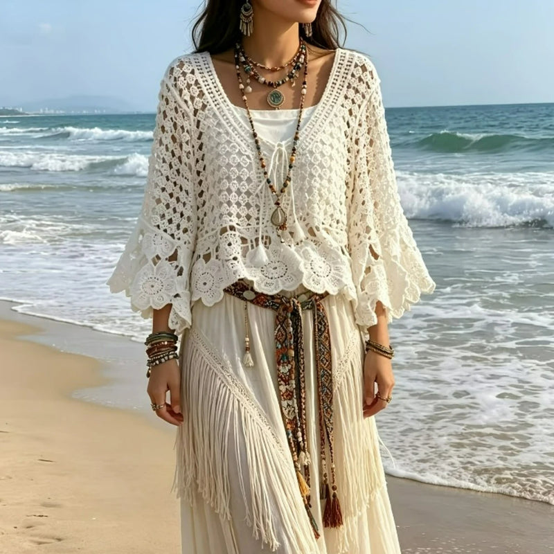 Bohemian Style Crochet Lace V Neck Cardigan Beachwear - View 2 | SAMAG